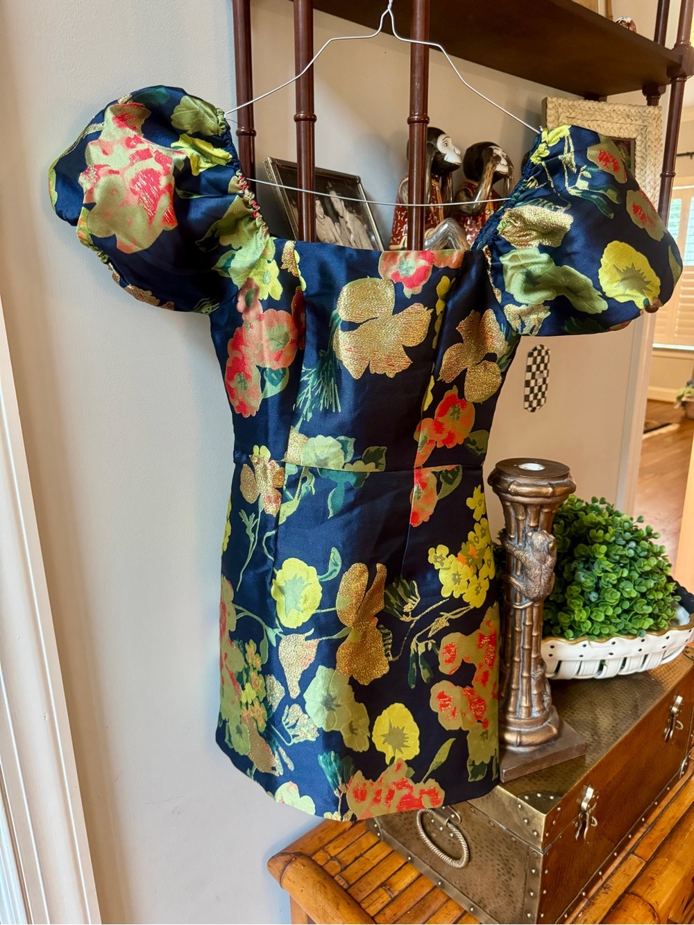 Lulu's Navy Floral Jacquard Mini Dress with Puff Sleeves